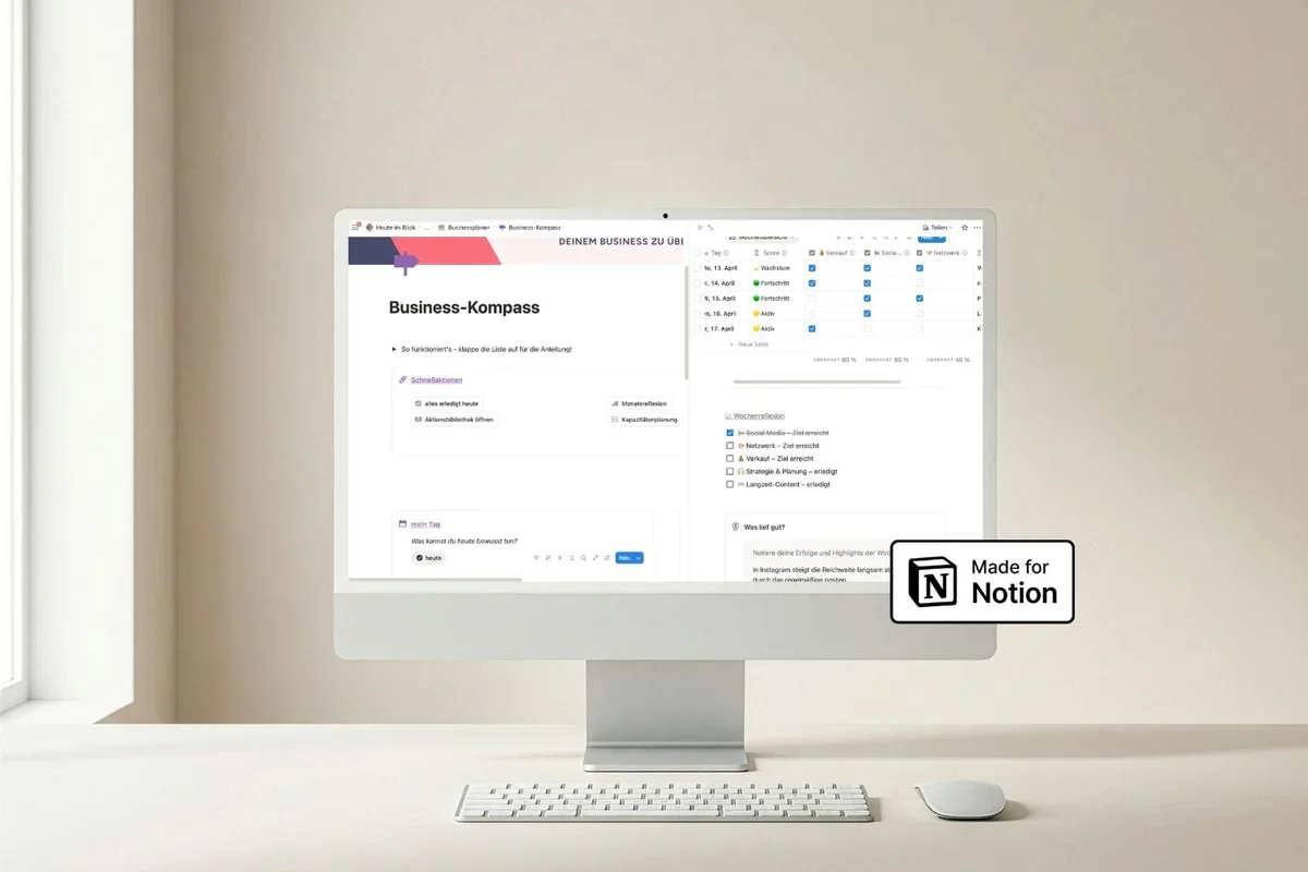 Notion Dashboard mit Wochenplanung und Aktionsübersicht als Beispiel für einfaches Aufgabenmanagement im Solo Business