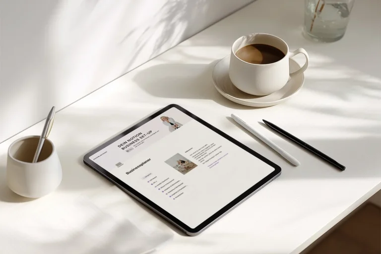 Aufgeräumter Arbeitsplatz mit Tablet und Kaffee als Symbol für einfache Büroorganisation am Morgen