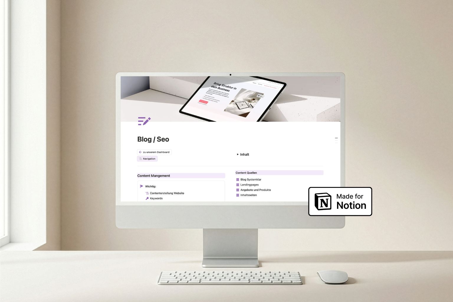 Notion Blog- und SEO-Dashboard auf einem iMac. Zu sehen sind Content Management, Keywords und Content-Quellen in einer klaren Übersicht.