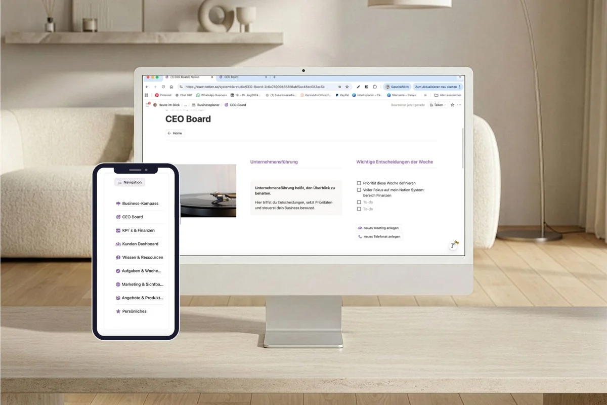 Notion Übersicht mit Kunden Aufgaben und Content als Beispiel für digitale Organisation im Solo Business