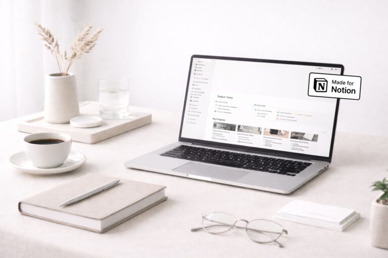 Laptop mit Notion-Dashboard auf einem minimalistischen Schreibtisch