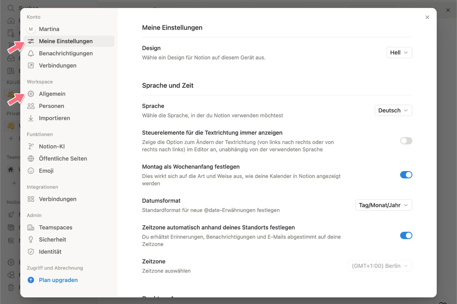 Notion Einstellungsfenster mit markierten Menüpunkten „Meine Einstellungen“ und „Allgemein“ in der Sidebar