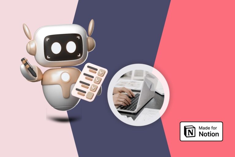 KI-Roboter sitzt mit Händen an einem Laptop mit Notion-Logo – Beitragsbild zum Artikel über Notion KI für Selbstständige.