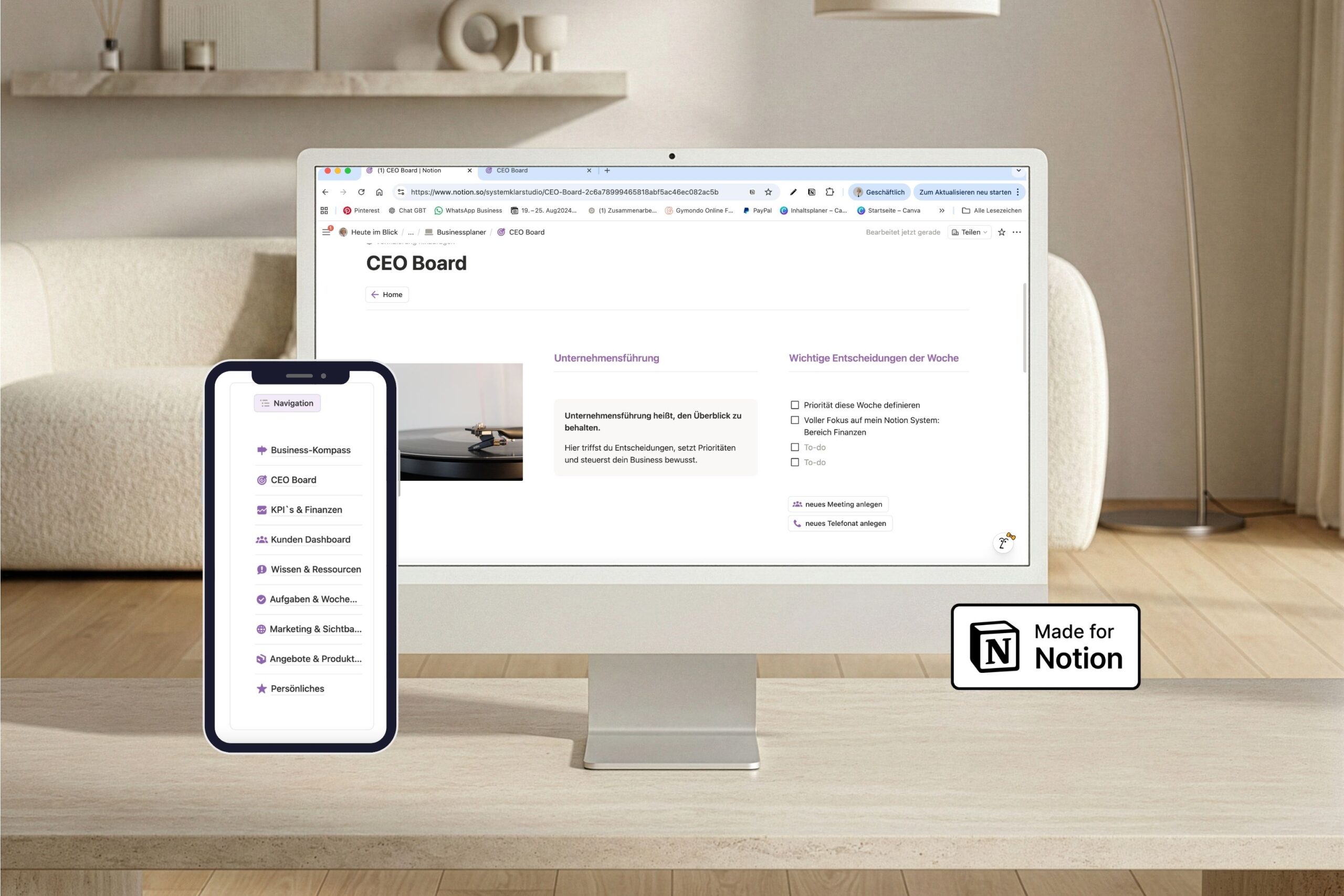 iMac und iPhone zeigen Notion CEO Board und alle neun Systembereiche – Notion Projektmanagement für Soloselbstständige