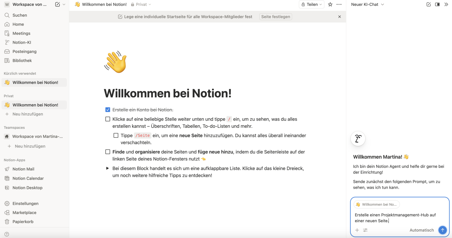 Notion Oberfläche mit der Seite „Willkommen bei Notion!“ und der Sidebar mit Einstellungen und Seitenübersicht