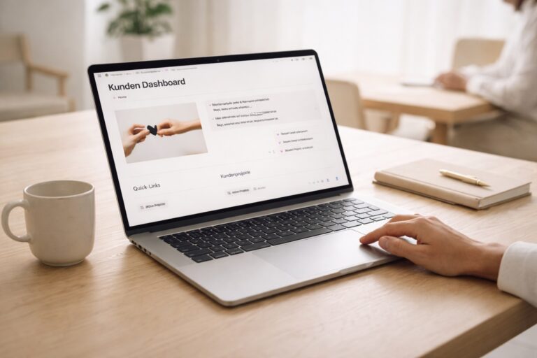Laptop mit Kunden Dashboard zur Kundenverwaltung auf einem Schreibtisch, Hand am Trackpad und Notizbuch daneben