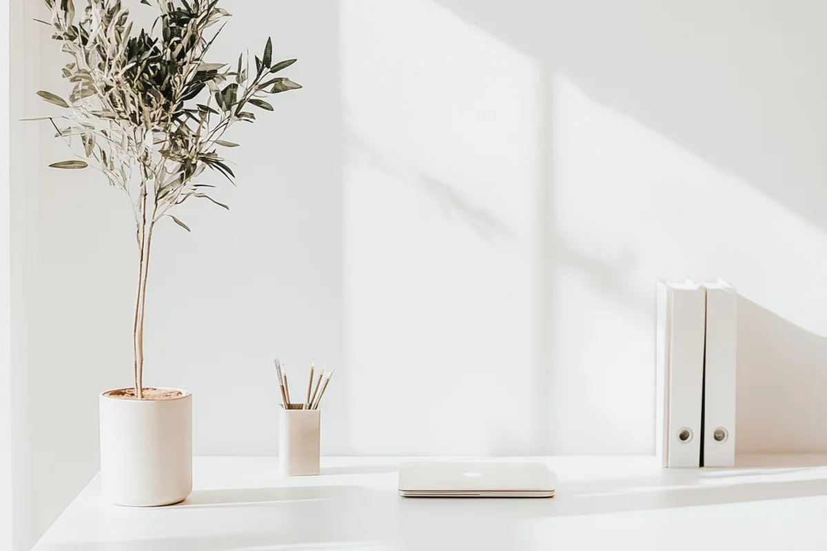 Minimalistischer weißer Schreibtisch mit Notizbuch und Pflanze – Wochenplanung für Soloselbstständige
